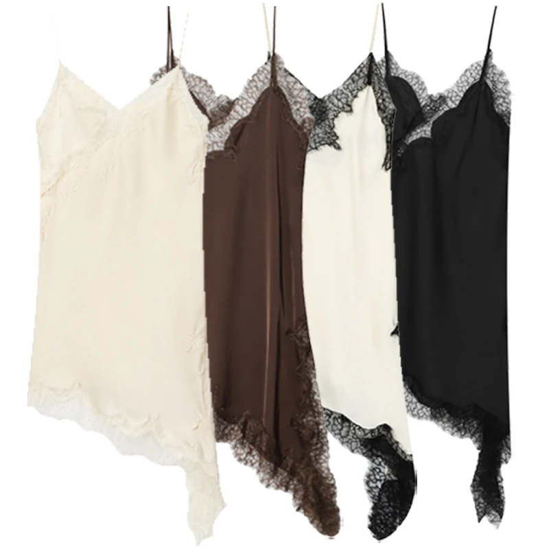 HXAO femmes robes dentelle asymétrique robe d'été 2025 Sexy robes de soirée dames Mini marron sans m