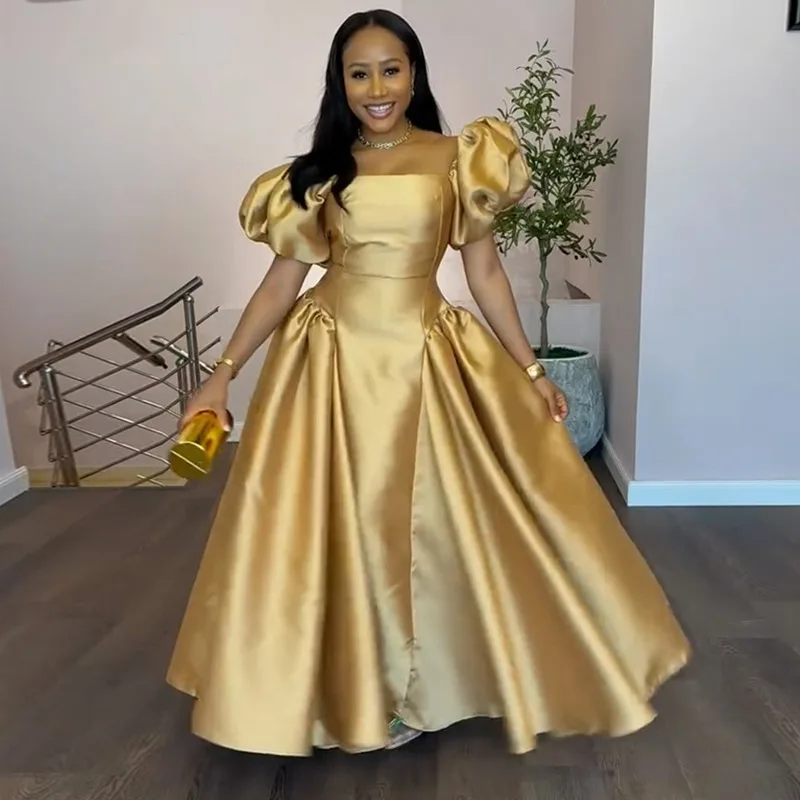 Robe élégante pour femmes, manches bouffantes, col carré, couleur unie, plissée, ligne a, robes Maxi