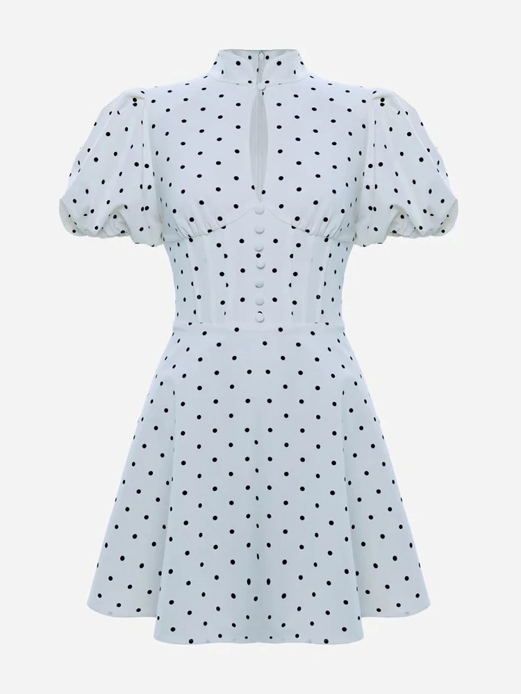 Robe Courte Rétro à Pois Coupe Trapèze pour Femme, Élégante, Col Montant, Manches Courtes Bouffantes
