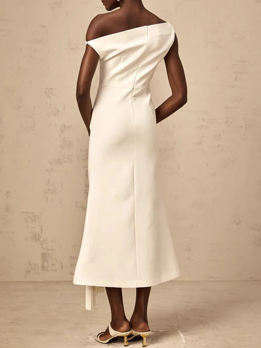 TWOTWINSTYLE – robe mi-longue élégante et amincissante pour femmes, couleur unie, col diagonal, épau