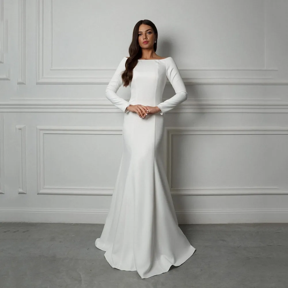 Robe de mariée classique élégante, modeste, manches longues, style sirène, dos nu, boutons, robes de