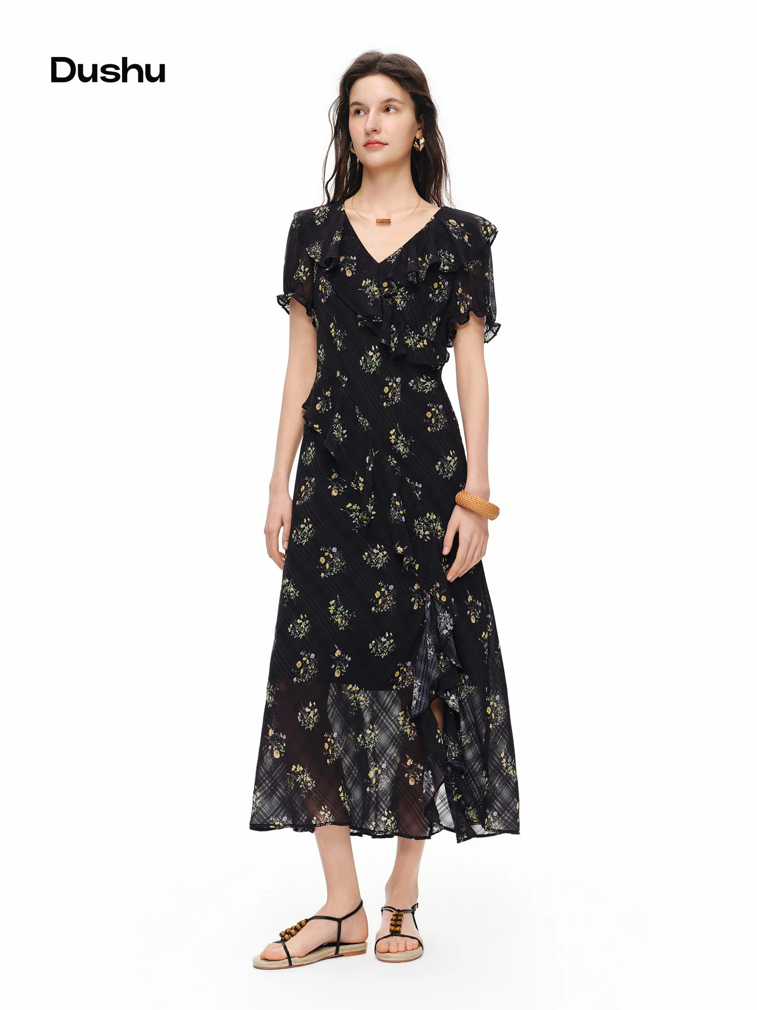 Robe florale à motif quadrillé subtil DUSHU 2026 pour femme avec volants - Style féminin et délicat 