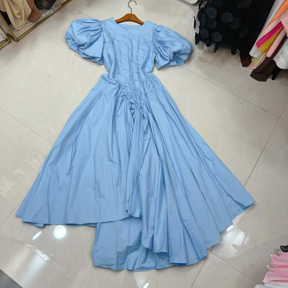 TWOTWINSTYLE tempérament robes solides pour les femmes col rond manches à bulles taille haute décont