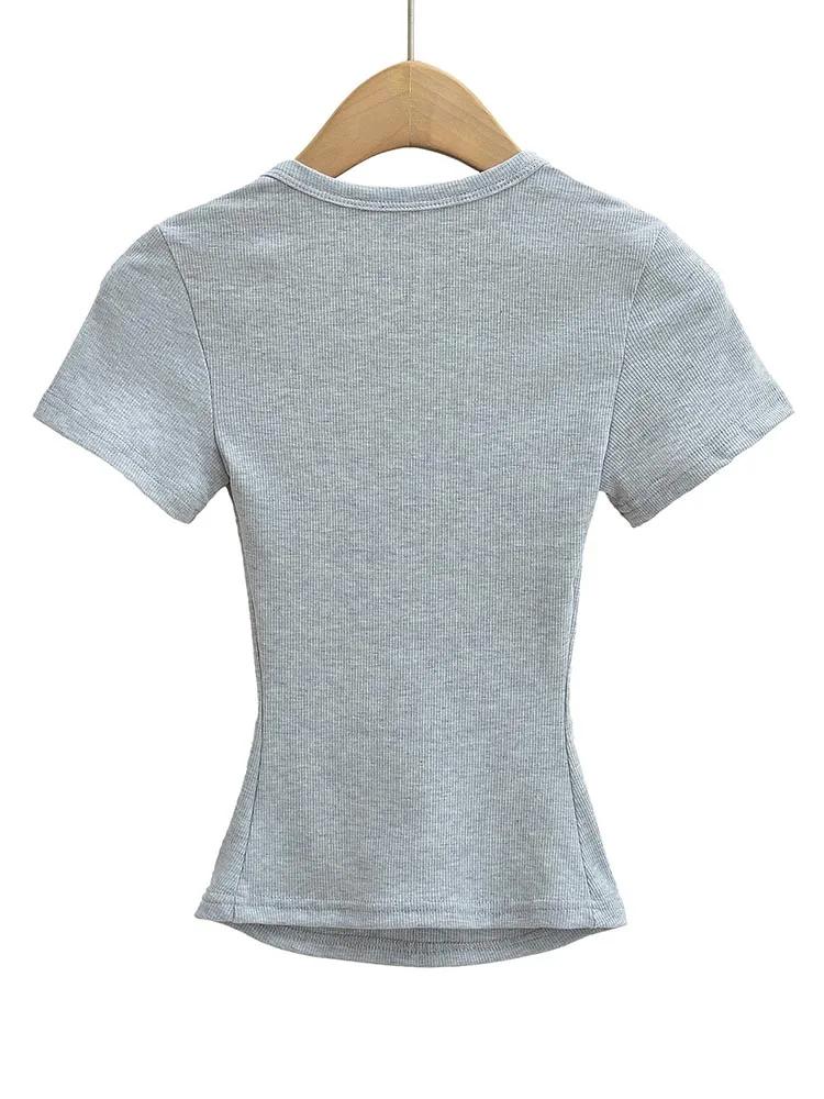 Col carré haute Stretch été culture hauts femmes à manches courtes hauts Sexy pull sommets Blouses m