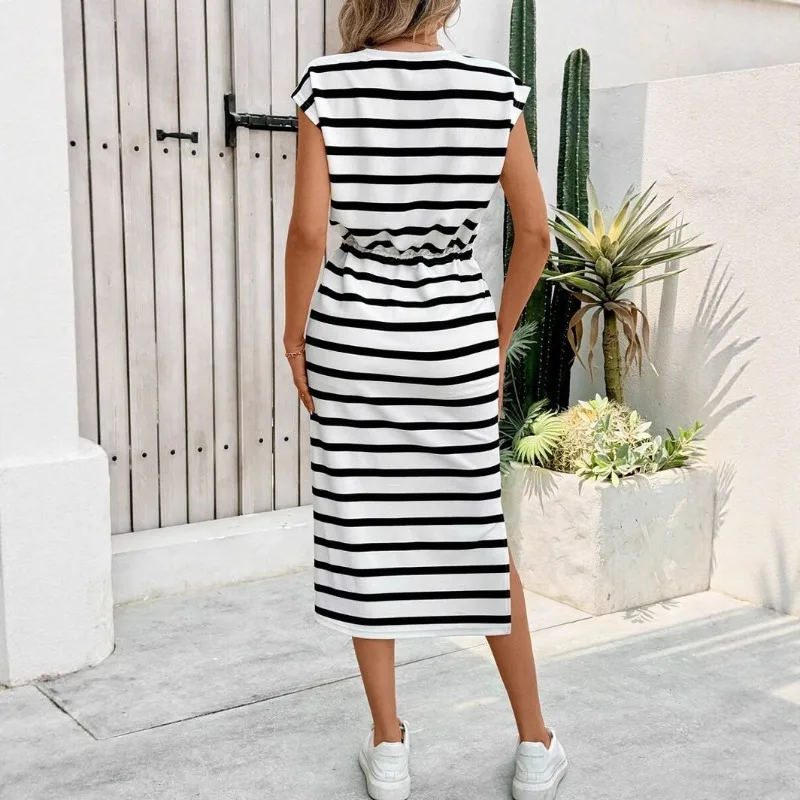 Robe décontractée à rayures noires et blanches pour femmes, col rond, robe blanche, robe d'été