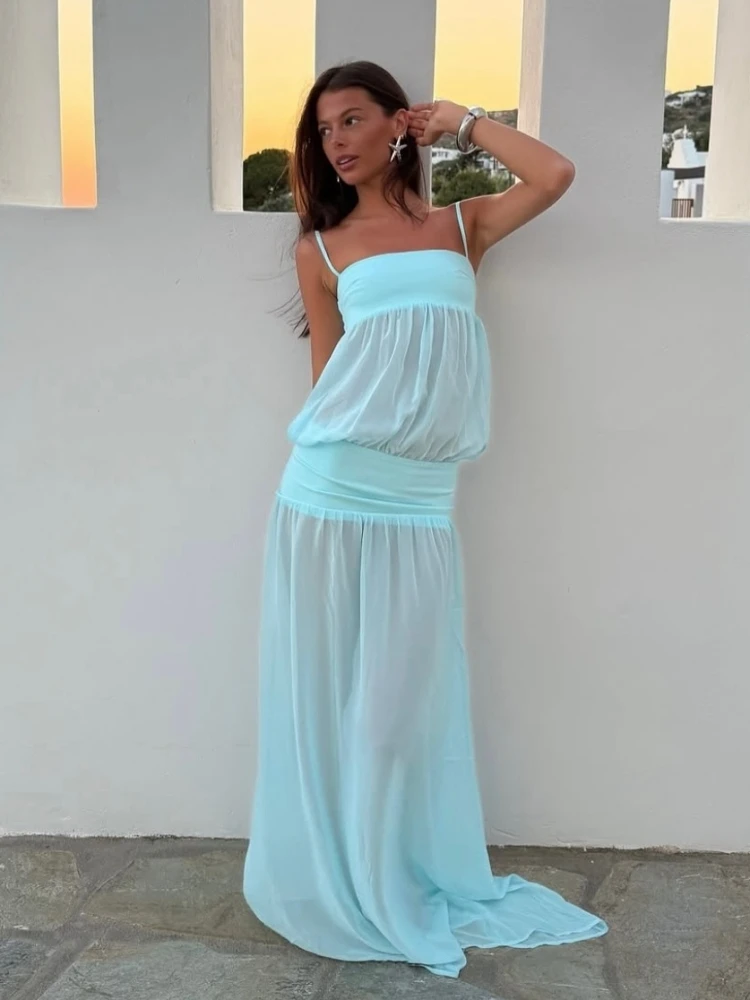 Robe longue sexy à fines bretelles, patchwork, ajourée, sans manches, transparente, moulante, pour f