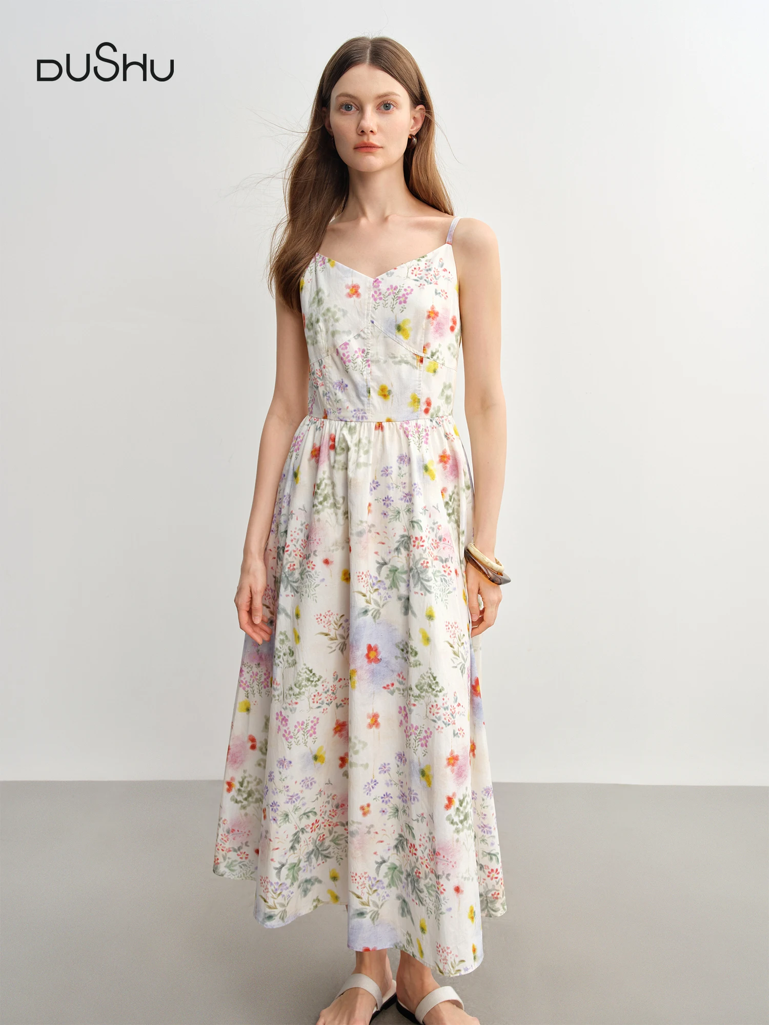 DUSHU 2025 Robe d'été à bretelles florales pour femme - Silhouette amincissante de style resort Midi
