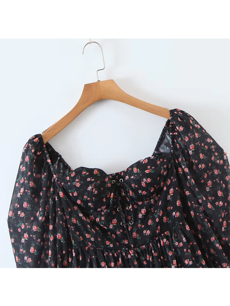 YENKYE automne mode femmes Vintage imprimé fleuri robe en mousseline de soie Sexy Semi-transparent à