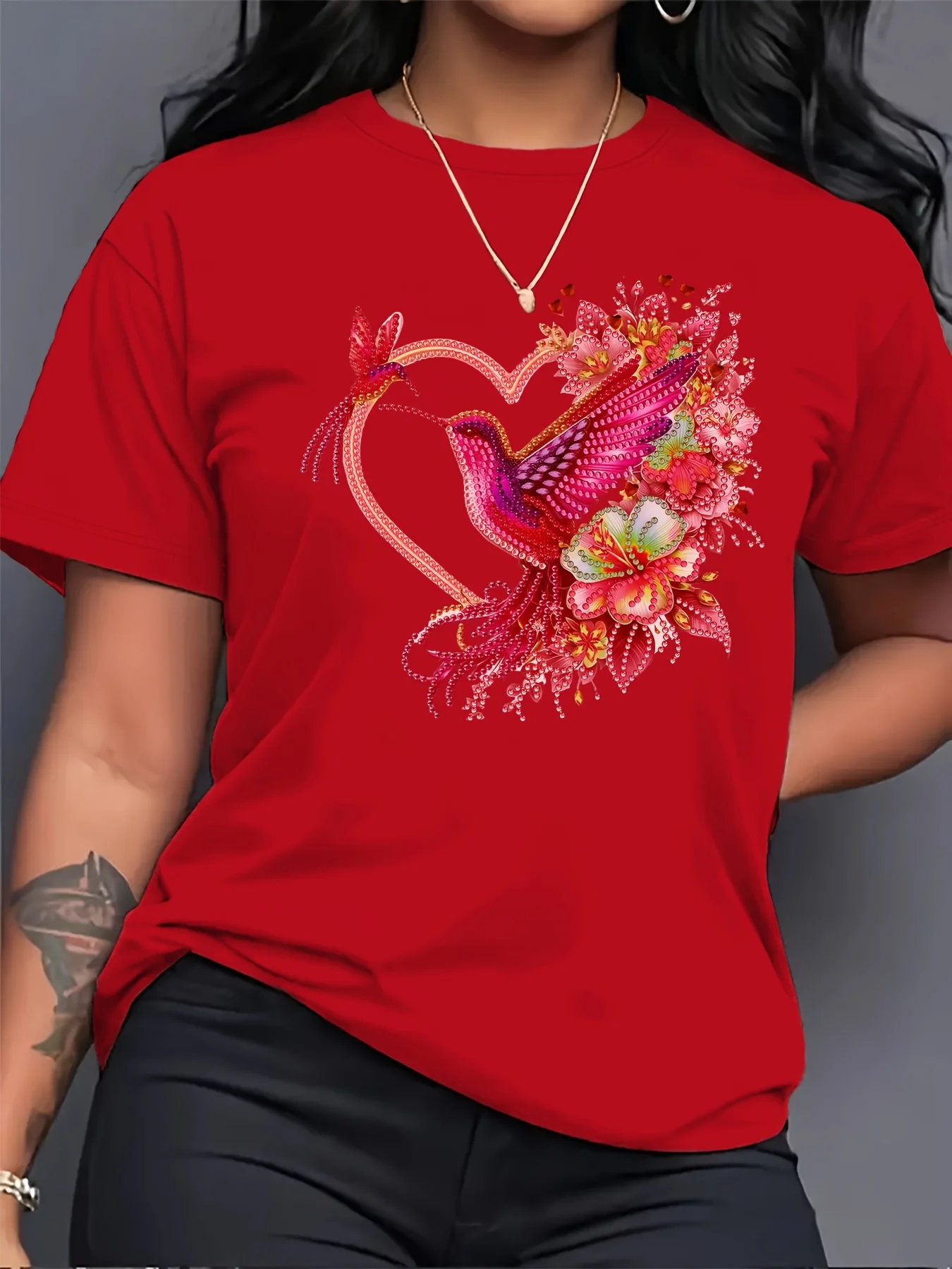 T-shirt pour femme Floral Hummingbird Heart - Motif Boho, haut rose décontracté