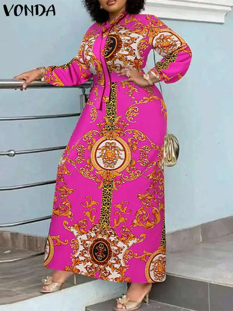 VONDA Robe Maxi 2024 été femmes bohème imprimé fête Robe d'été à manches longues col montant Robe dé
