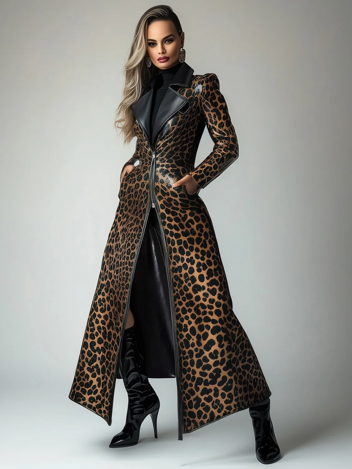 Trench-coat en cuir PU avec poche zippée et motif léopard