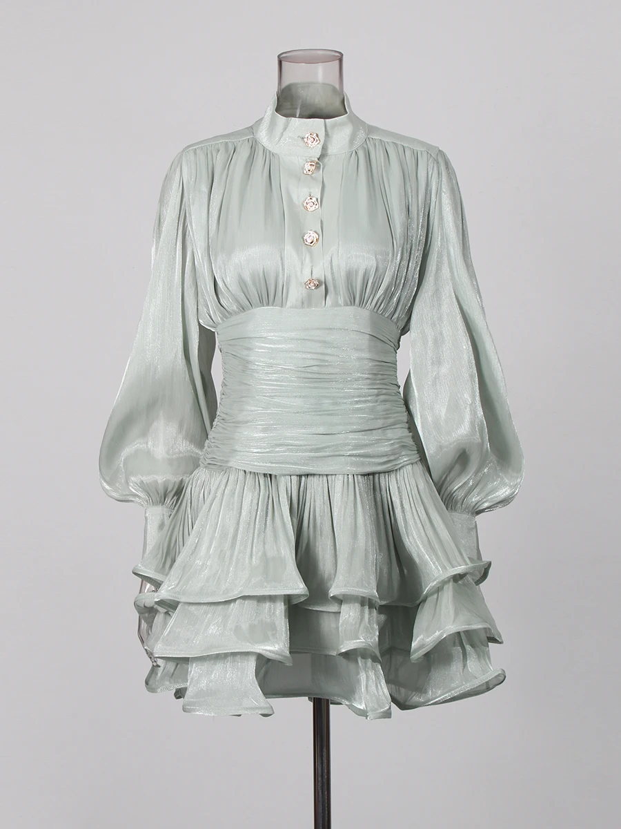 TWOTWINSTYLE élégant minceur épissé volants plis Mini robes pour les femmes col montant manches long