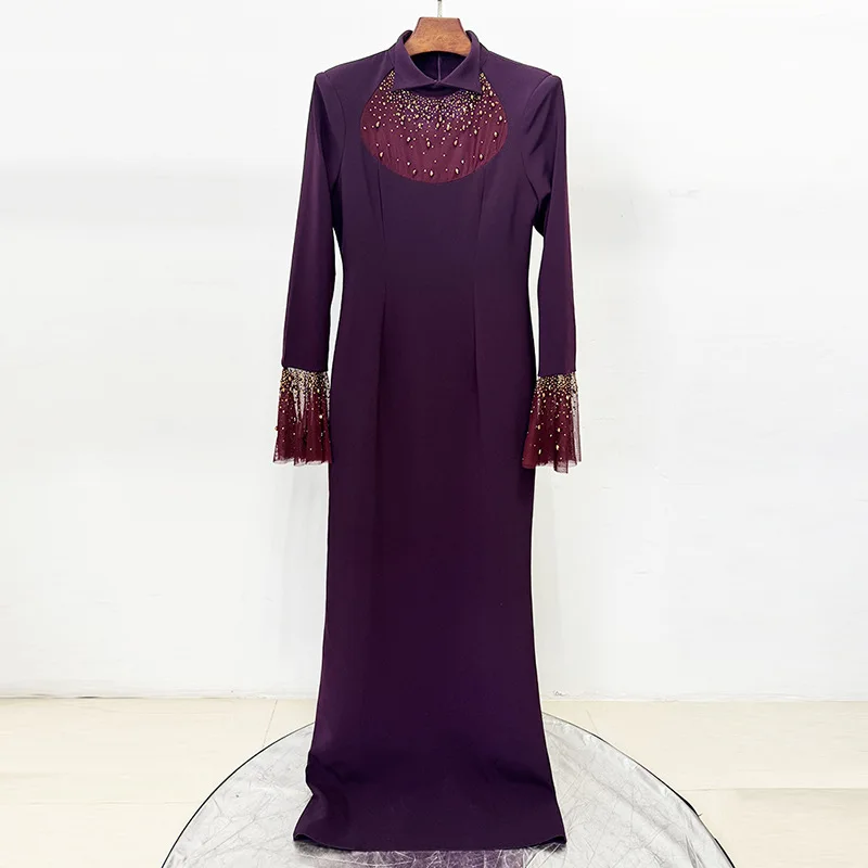 Nouvelle Collection 2026 – Robe Longue de Créateur pour Femme avec Col à Revers, Maille Patchwork, D