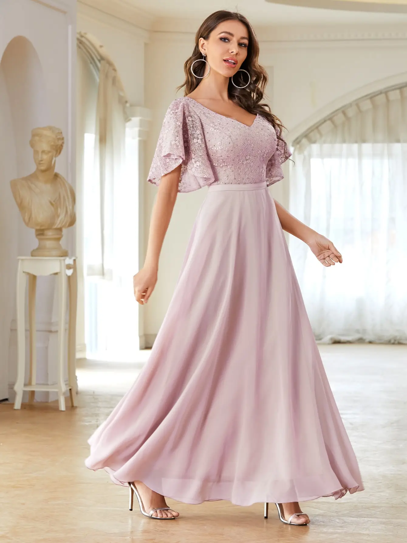 Mgiacy col en v demi manches en mousseline de soie extra longue dentelle patchwork robe élégante rob