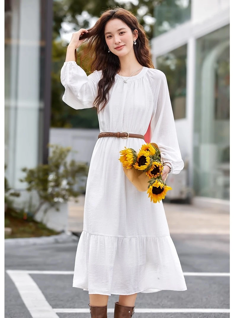 Robes longues VIMLY pour femme, collection automne 2026, robe blanche trapèze élégante à col rond, v