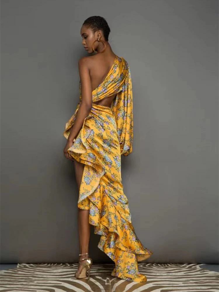 Robe longue à volants irréguliers pour femmes, Sexy, épaules inclinées, motif Floral, asymétrique ép