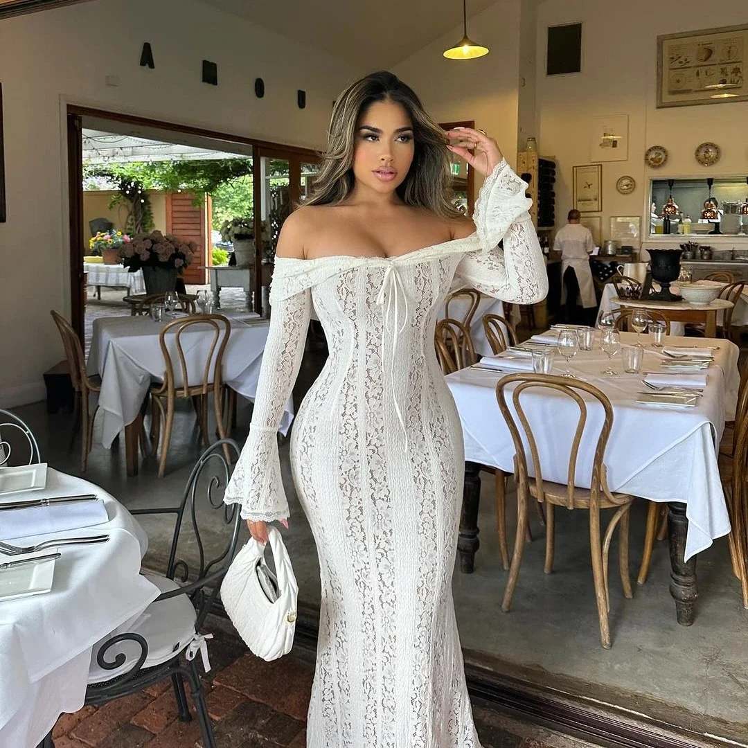 Oligai Robe Longue Dentelle Blanche Femme 2024 - Robe Épaules Dénudées Manches Évasées Bodycon pour