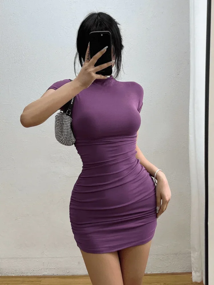 Mini robe Sexy moulante à col mi-haut et taille plissée pour filles épicées, Slim, moulante, vêtemen