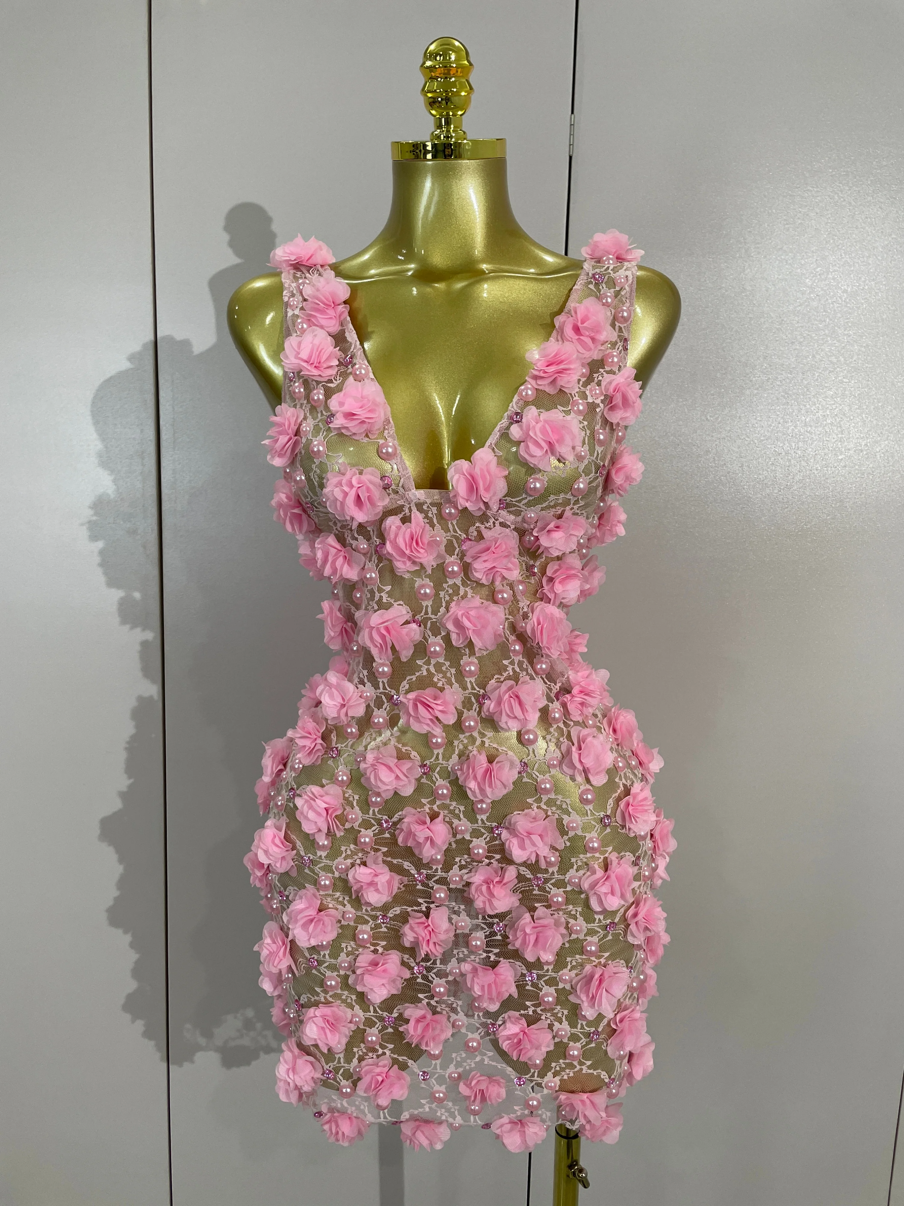 Robe de soirée pour femmes, robe de club, robe d'anniversaire, robe rose à fleurs en perles, robe en