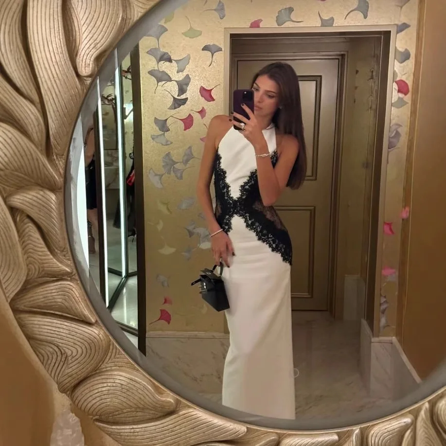 Élégant blanc robe longue femmes licou dos nu décontracté noir dentelle Patchwork fente Maxi robes s