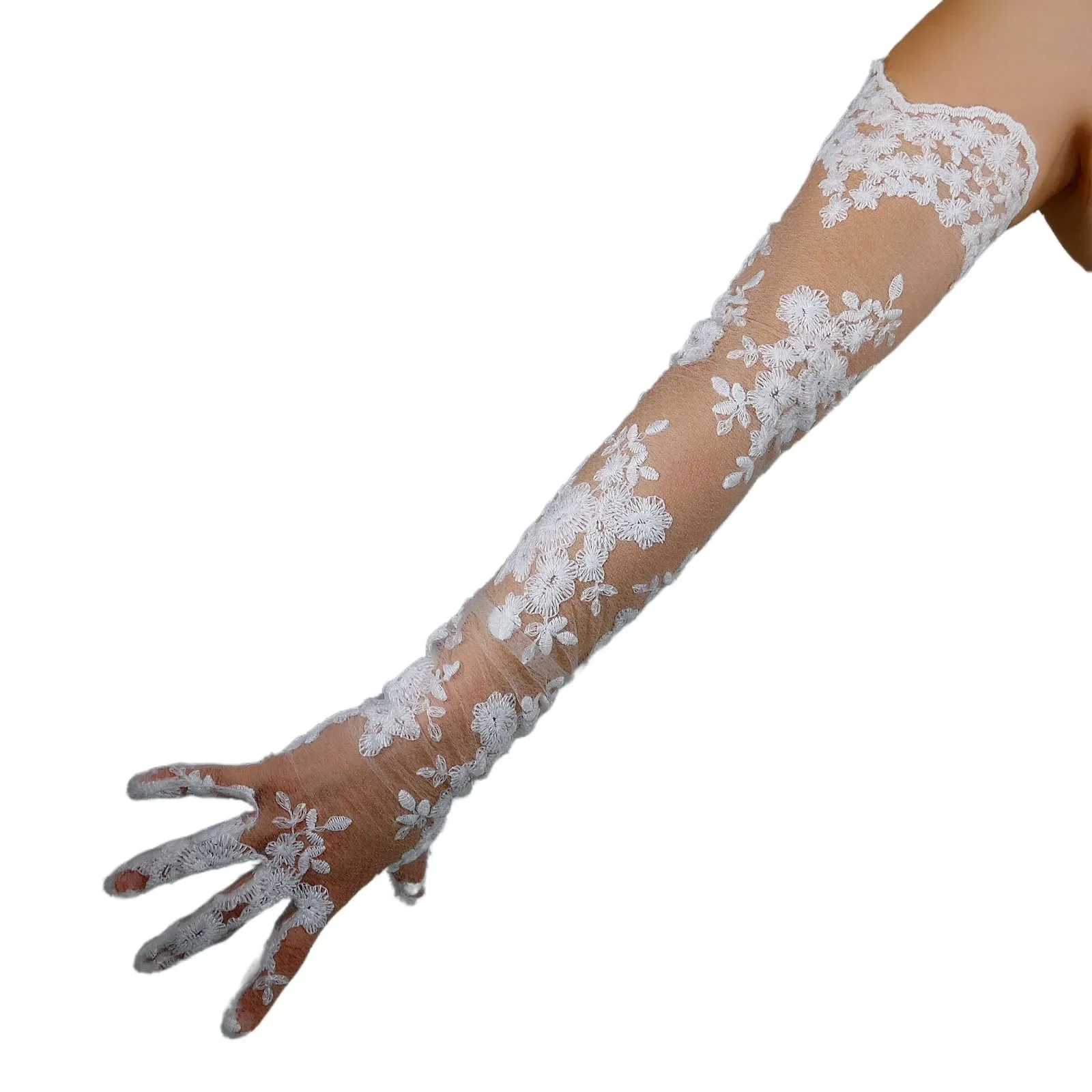 DooWay Gants en dentelle blanche 60 cm de long, en tulle floral transparent, pour costume de soirée,