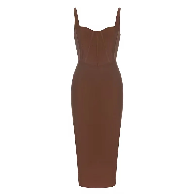 Robe longue marron foncé avec sangle pour femme, robe à bandes, mode sexy, célébrité d'été, robe de 