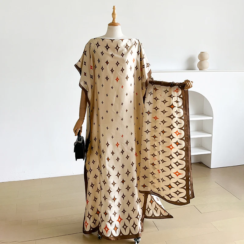 Nouvelle Robe Longue Ample en Soie Mélangée, Style Plage, Motif Moyen-Orient Imprimé, Élégante Robe 