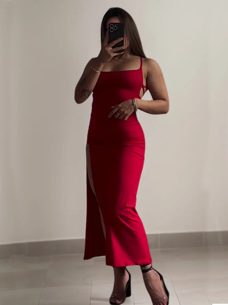 Robe longue à lacets, dos nu, Sexy, fendue, sans manches, moulante, fête, Club, Robes de soirée, rue