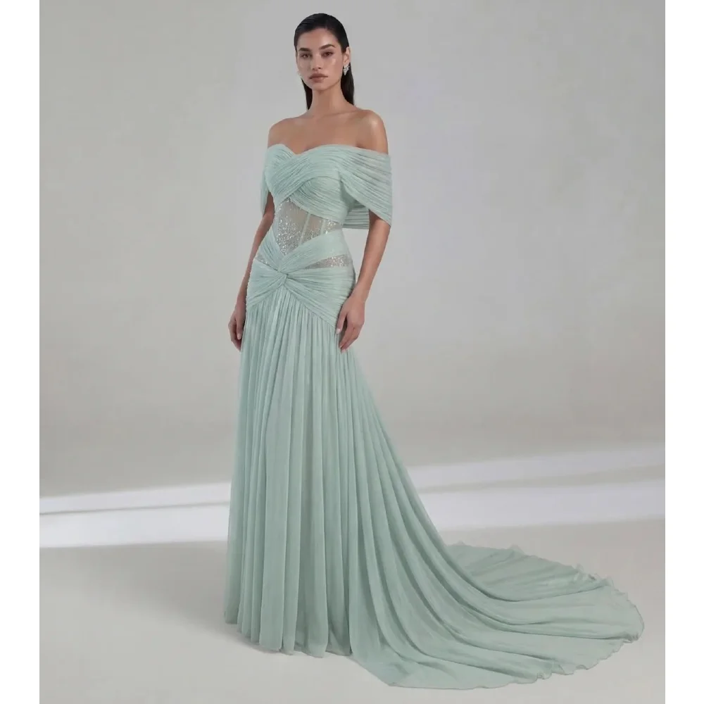 Robes de soirée vert sauge coupe trapèze, épaules dénudées, en dentelle et mousseline douce, robes d