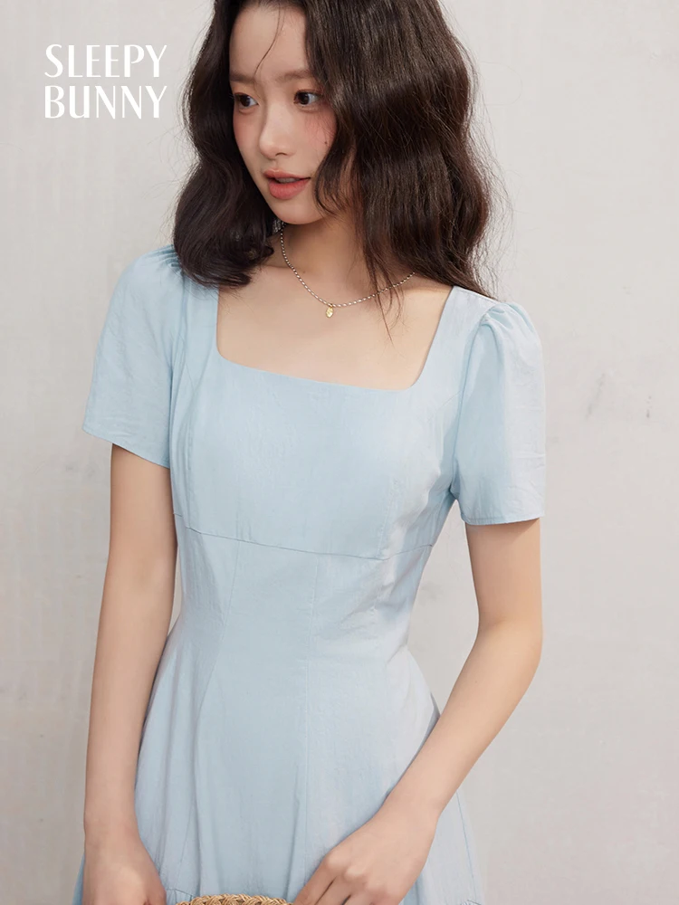 Robe longue française à manches courtes et col carré pour femmes, coupe cintrée, ligne a, Petite tai