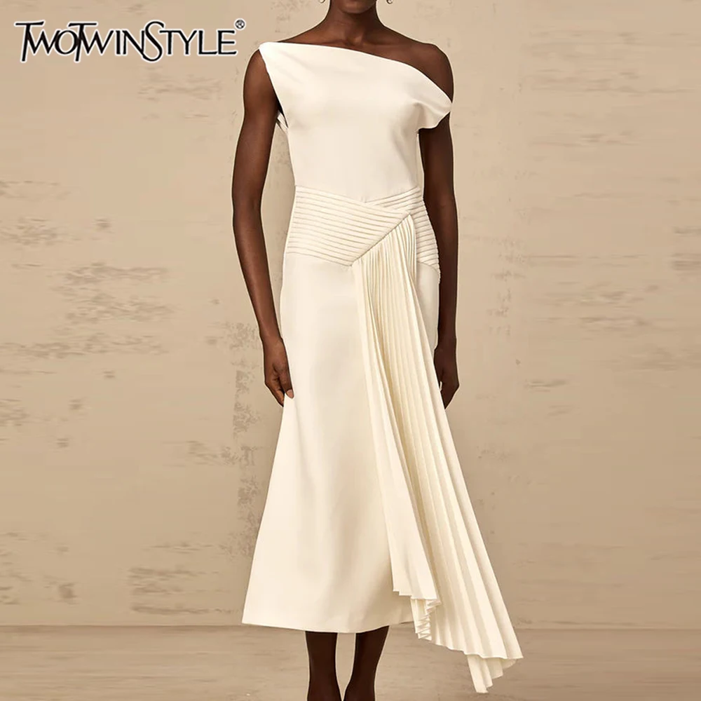 TWOTWINSTYLE – robe mi-longue élégante et amincissante pour femmes, couleur unie, col diagonal, épau