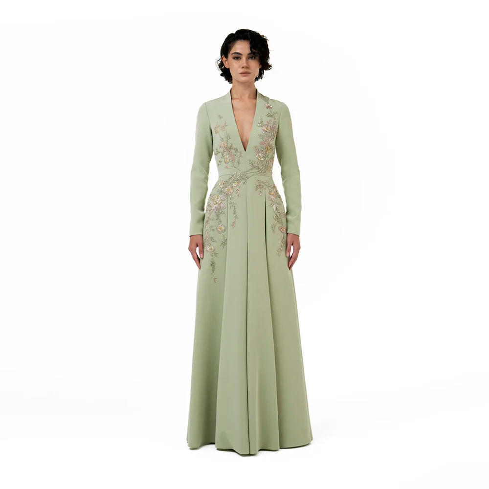 Robe de soirée vert sauge personnalisée, col en V profond, manches longues, pour femme, 2026, plissé