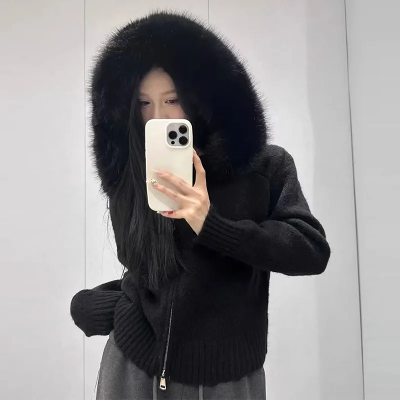 Tricots Cardigan femmes printemps mode tricoté veste femme automne à capuche réel manteau de fourrur