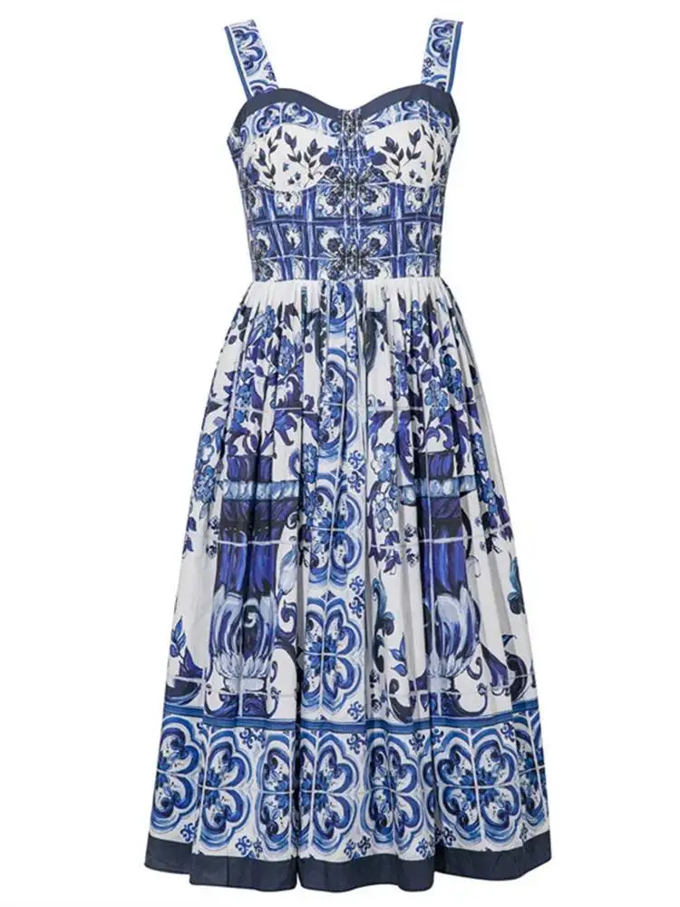 Robe longue d'été JAMERARY à imprimé floral en porcelaine bleue et blanche pour femmes Bretelles Fer