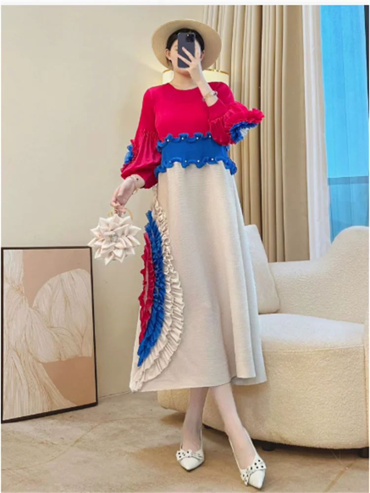Miyake cravate fleur conception femmes robe plissée col rond à manches longues Colorblock Patchwork 