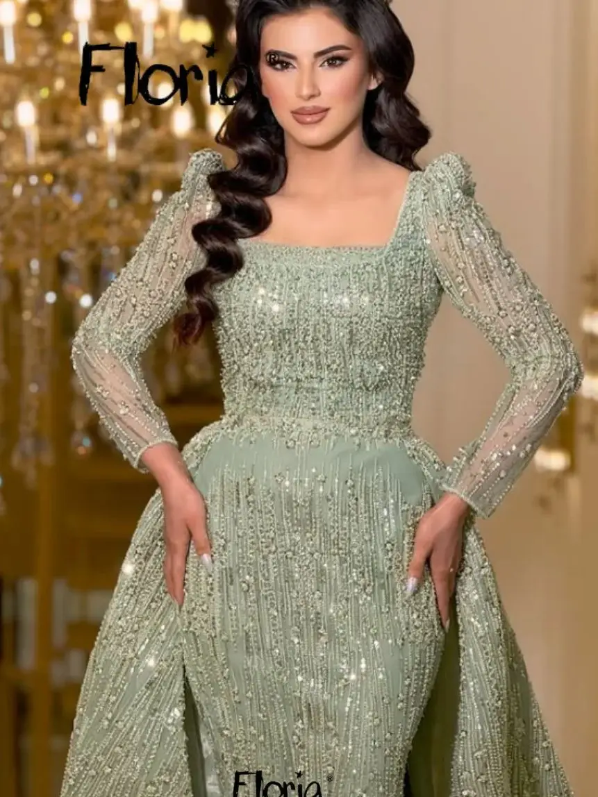 Robe de bal deux pièces vert menthe, col carré, manches longues, robes d'invitées de mariage, grande
