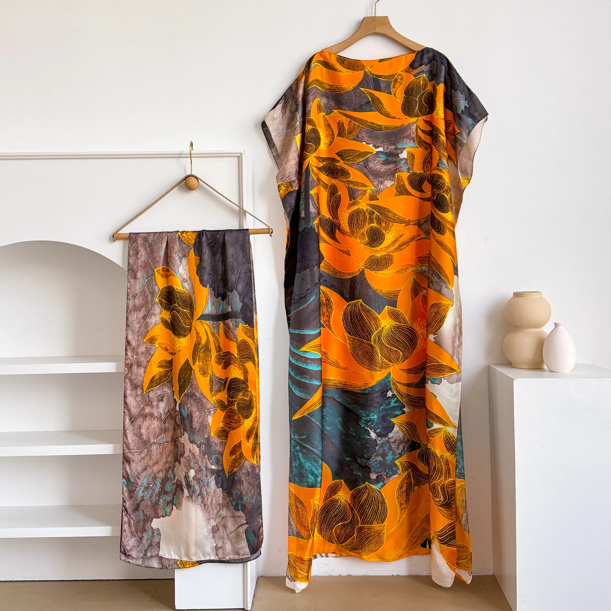 Robe d'été imprimée tendance avec grand foulard, Kaftan Dubaï Turquie, Abaya ample musulmane, Robe d