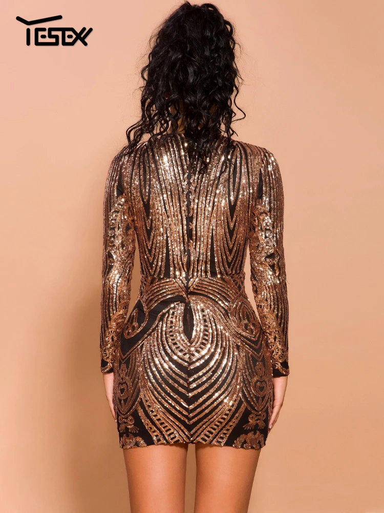 Yesexy-Robe élégante à paillettes pour femmes, col rond, manches longues, mini batterie, robe de soi