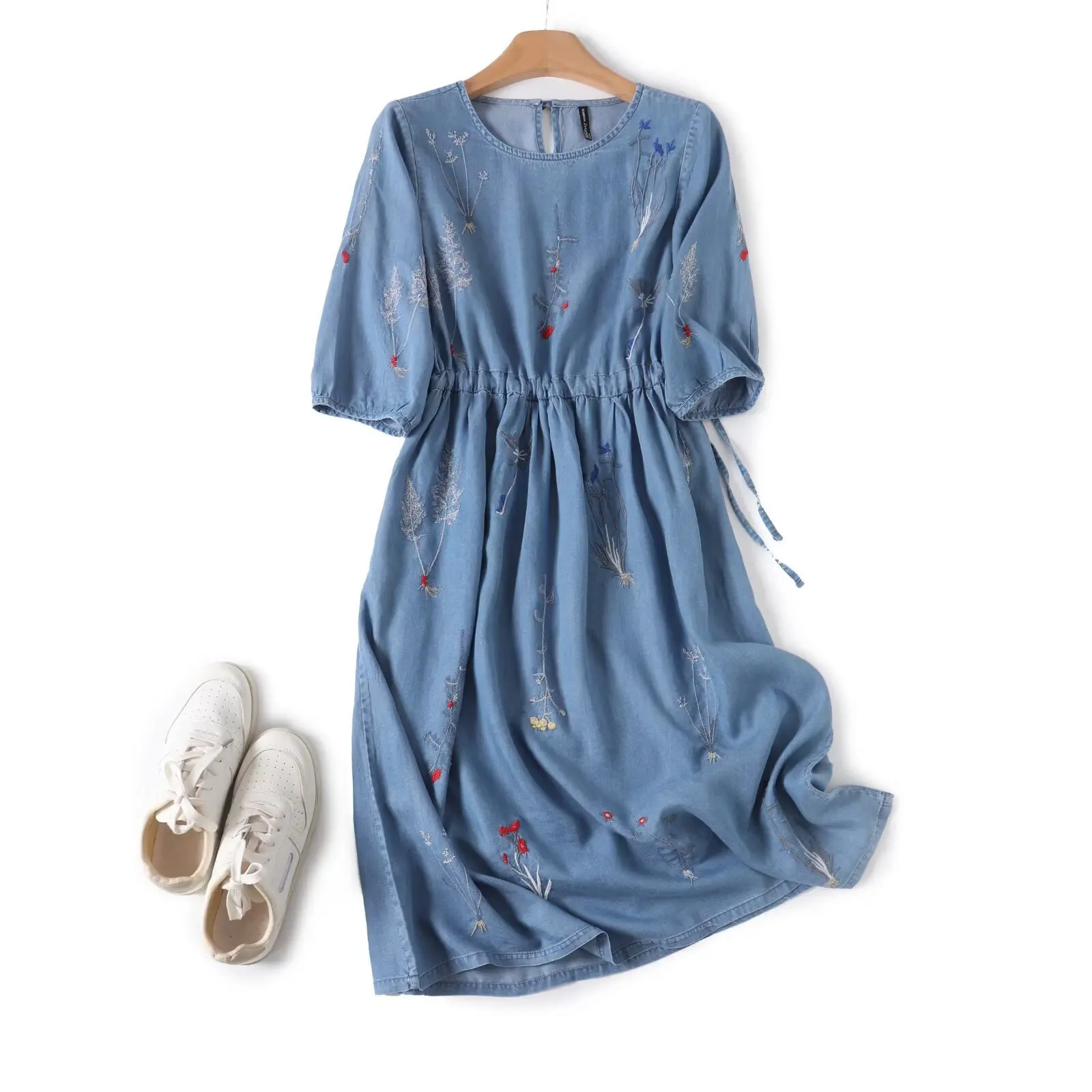 Robe en jean bohème pour femmes, manches courtes, col rond, taille, cordon de serrage, robes en jean