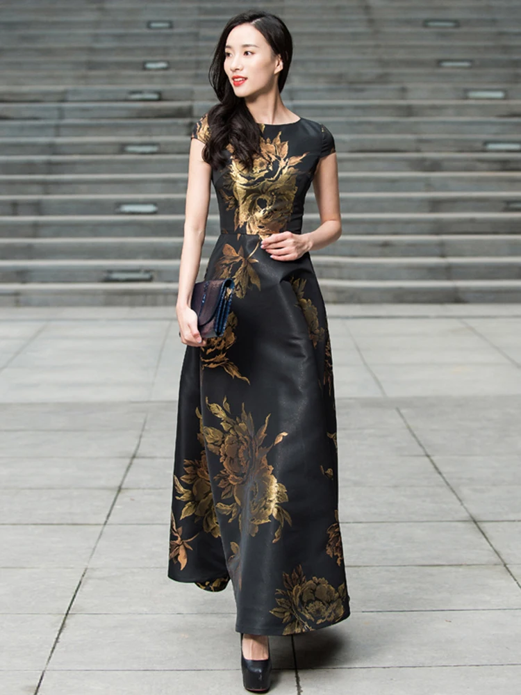 Robe Jacquard Vintage Élégante pour Femmes avec une Silhouette Maxi Évasée Cintrée à la Taille, Idéa