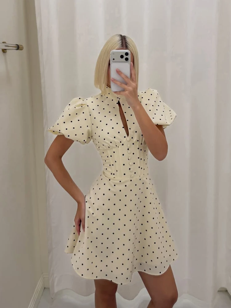 Robe Courte Rétro à Pois Coupe Trapèze pour Femme, Élégante, Col Montant, Manches Courtes Bouffantes