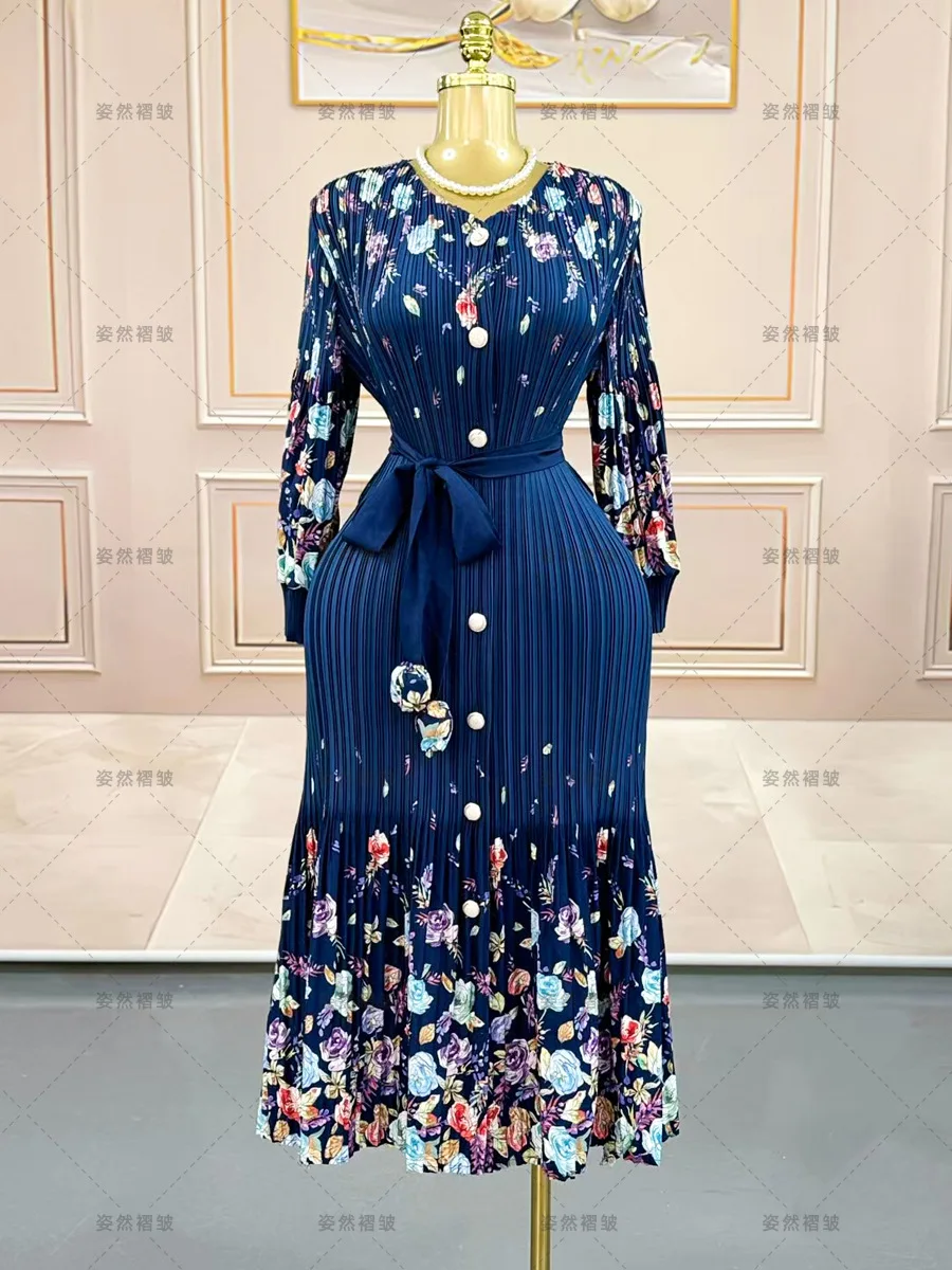 Miyake – robe plissée à manches longues pour femme, vêtement décontracté, jupe froissée, taille uniq