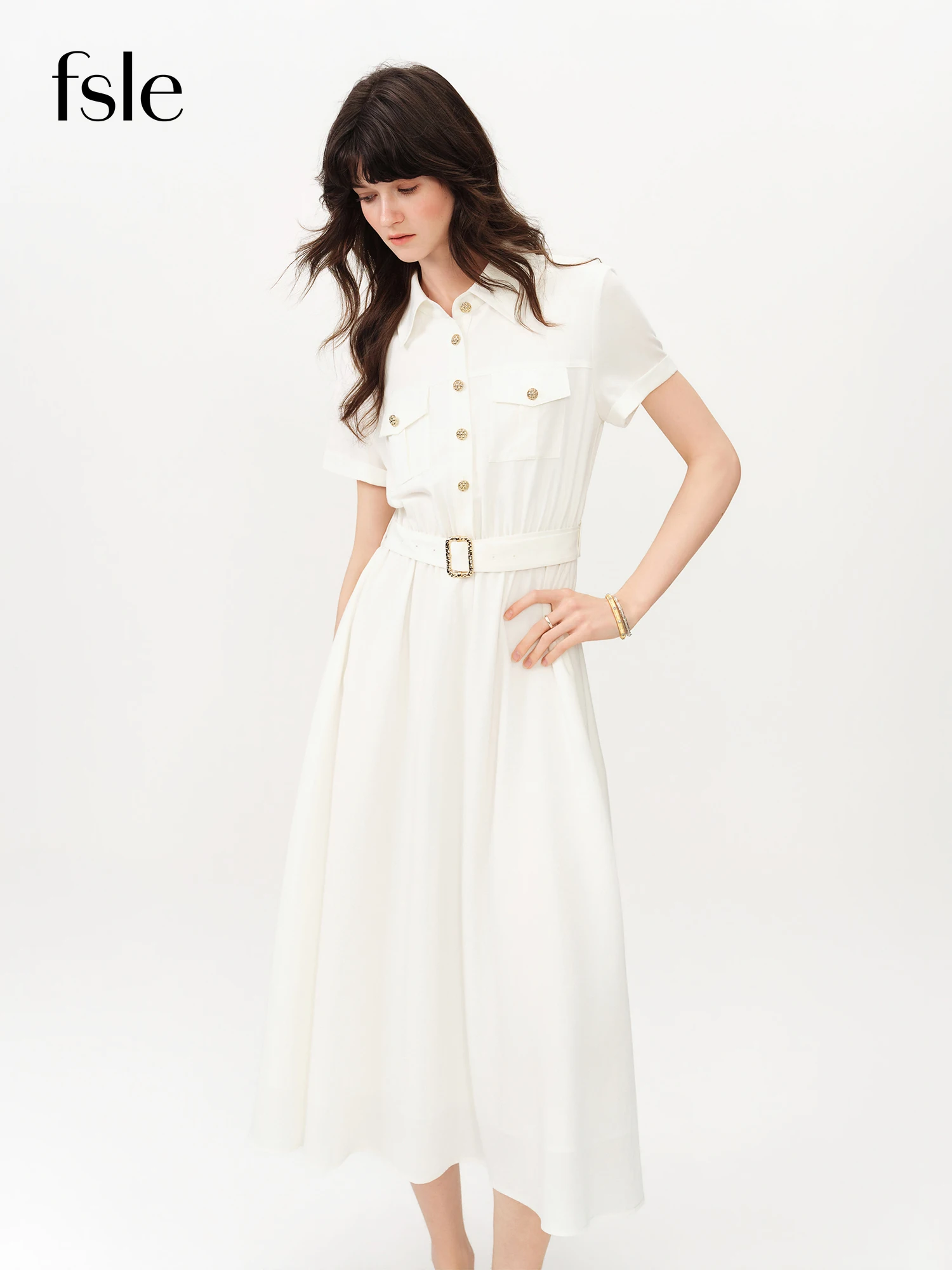 Robe d'été sophistiquée en lin à manches courtes pour femme FSLE 2026 - Coupe trapèze classique mi-l