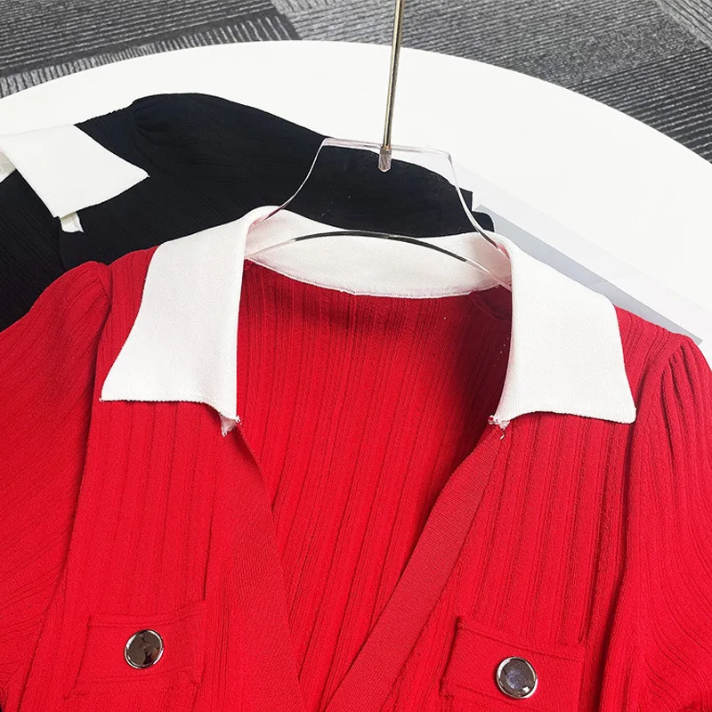 Robe évidée à simple boutonnage pour femmes, élégante robe à revers, manches courtes, chic, rouge, n