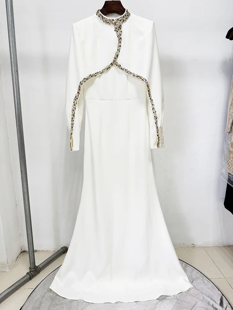 HIGH STREET Nouveauté 2026 Robe longue maxi de créateur pour femme, ornée de diamants et de perles, 