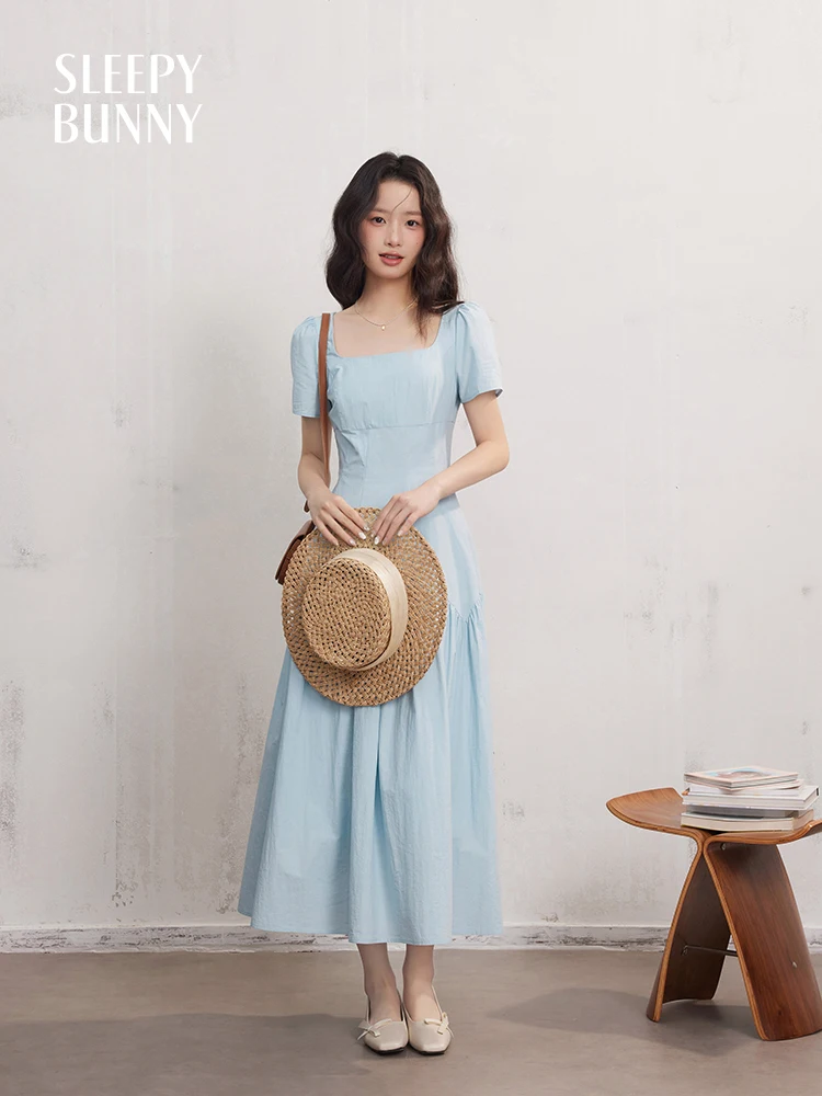 Robe longue française à manches courtes et col carré pour femmes, coupe cintrée, ligne a, Petite tai