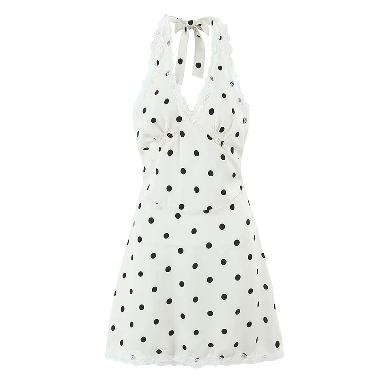 YENKYE dentelle épissé à pois Robe licou femmes élégant a-ligne Mini Sexy dos nu robes Robe d'été 20