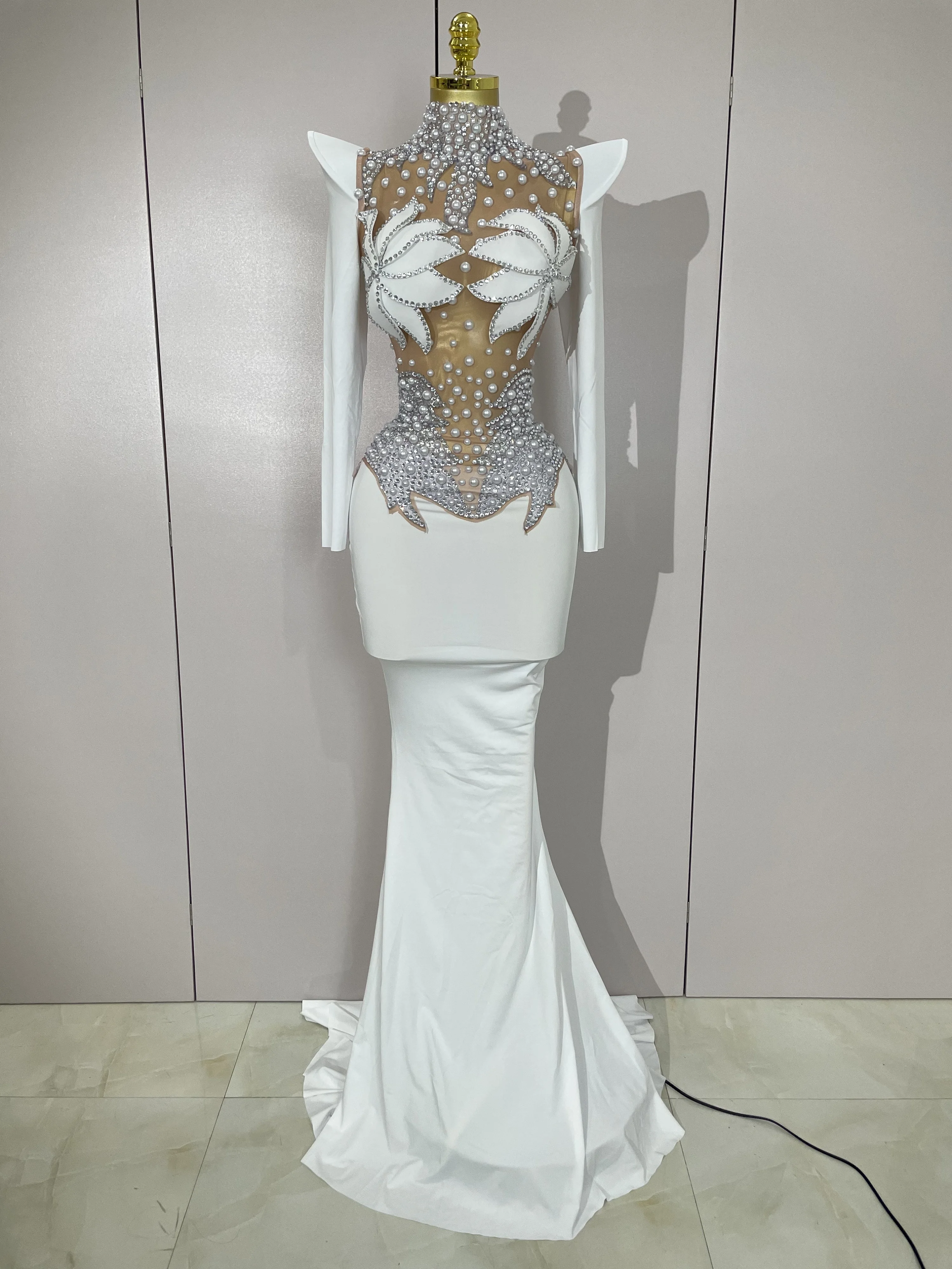 Robe longue de luxe en maille transparente pour femmes, diamants scintillants, blanc perle, robe de 