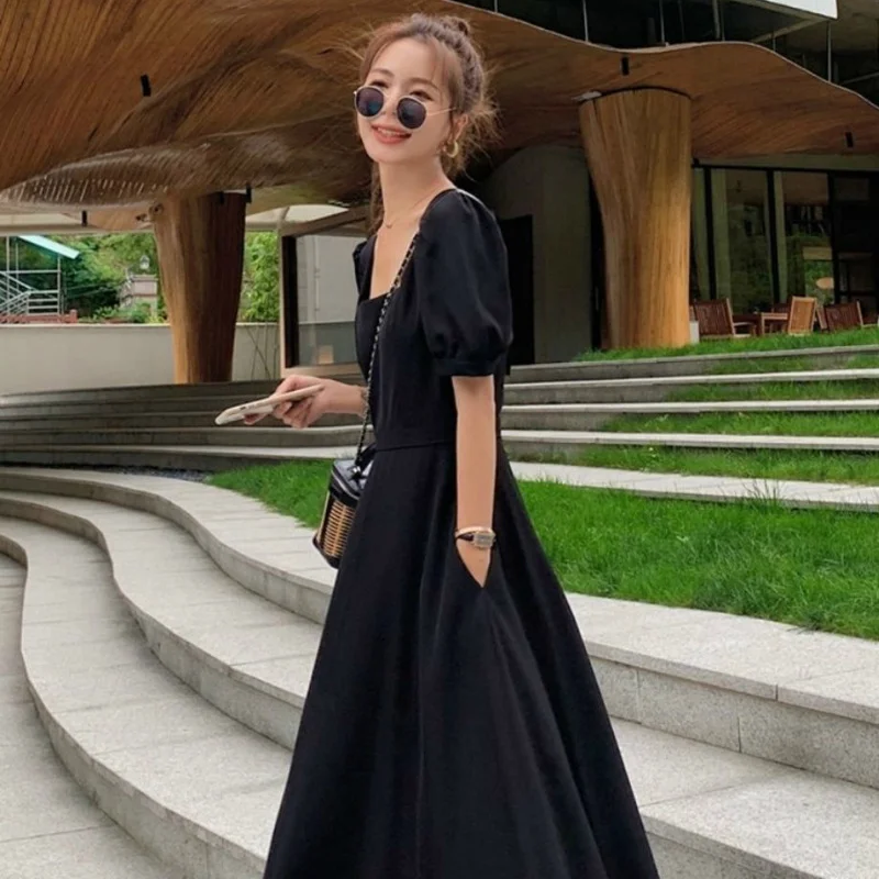 Robe Chic Vintage Noire pour Femme, Taille Haute, Col Carré, Manches Bouffantes, Nministériels d Tra