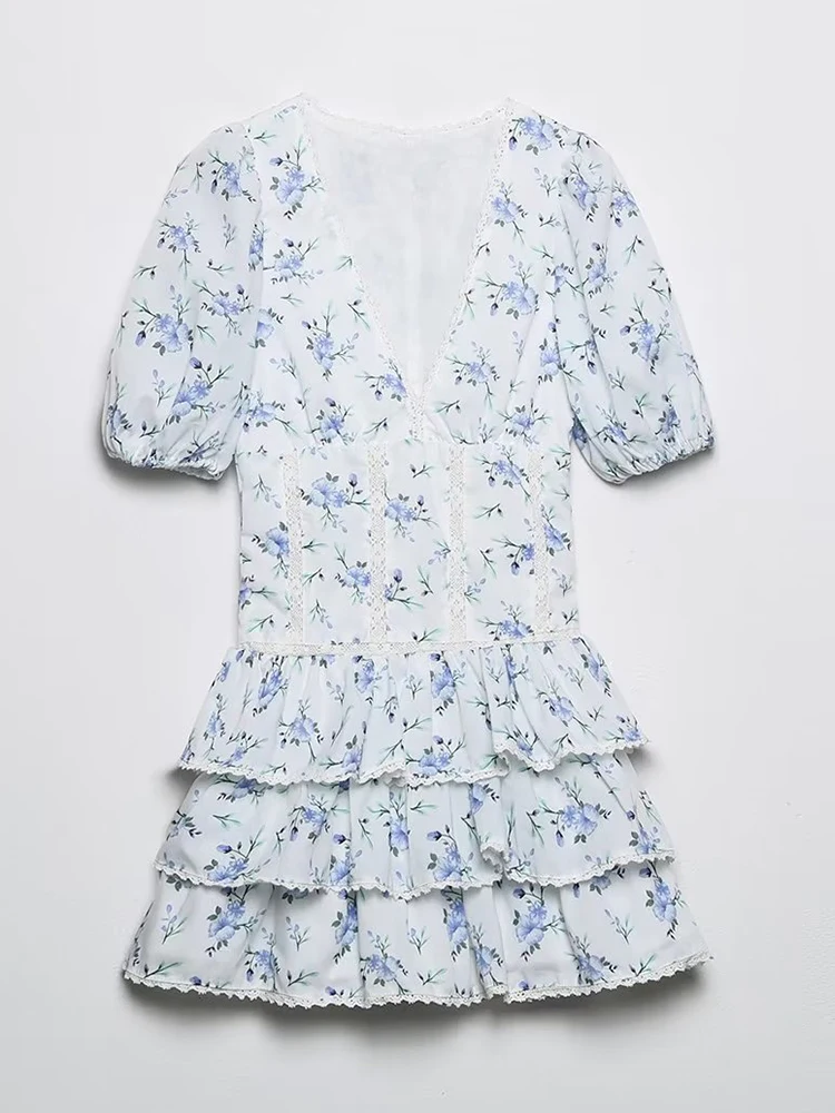 YENKYE-Mini robe à volants en dentelle pour femmes, imprimé floral, manches bouffantes vintage, garn